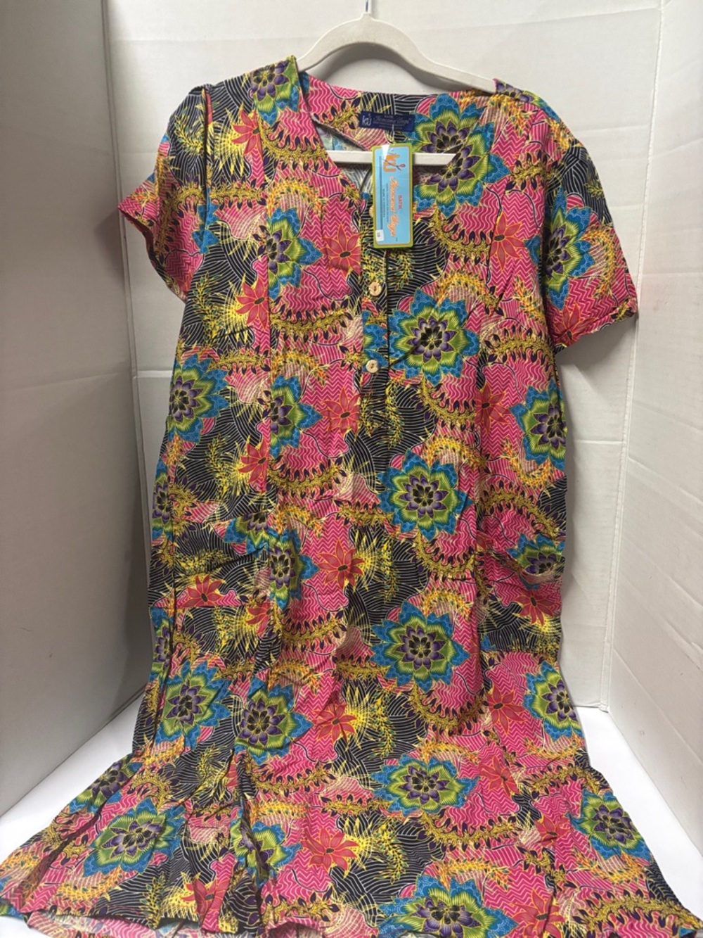 Vibrant Floral Button-Front Tunic Dress - Pink, Blue & Yellow